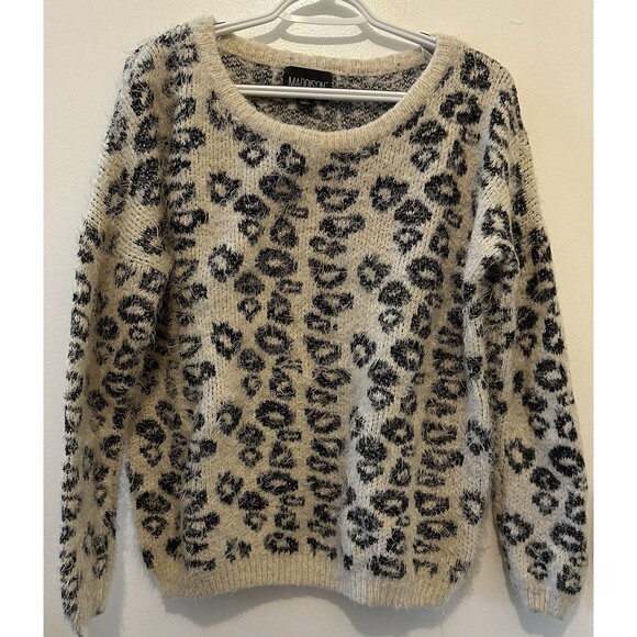 Cream & Black Leopard Print Eyelash Sweater w/ Metallic thread Size Large - Picture 1 of 5